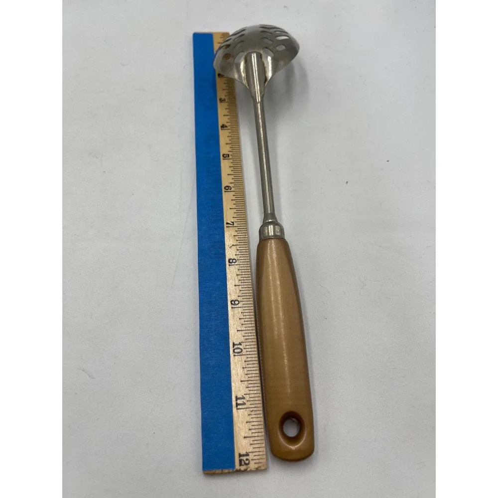Vintage Slotted Serving Spoon USA Tan Gold Handle Stainless Steel Leaf Pattern
